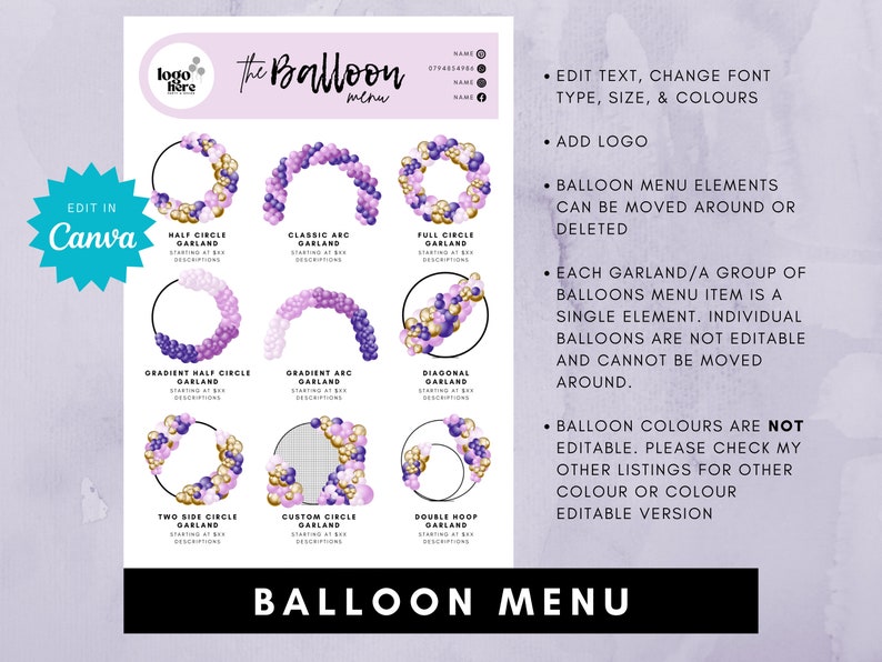 Peut inclure: Un mod&egrave;le de menu de ballons imprimable avec un th&egrave;me de couleur violet, or et blanc. Le menu pr&eacute;sente diff&eacute;rents mod&egrave;les de guirlandes de ballons, notamment des guirlandes en demi-cercle, en cercle complet et en diagonale. Le texte du menu indique "The Balloon Menu" et comprend des instructions pour modifier le texte, le logo et les &eacute;l&eacute;ments de ballons.