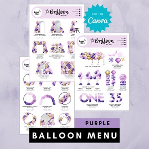 Peut inclure: Menu de ballons violet avec diff&eacute;rents arrangements et designs de ballons. Le menu comprend des options pour des arches, des guirlandes, des colonnes, des bouquets et plus encore. Le menu est modifiable dans Canva.