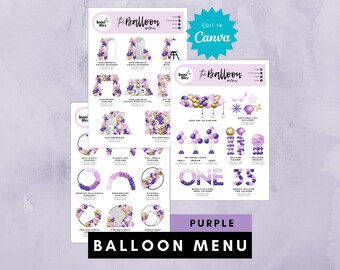 Purple Gold Balloon Menu Template for Balloon Business, Editable Balloon Decor Pricing, Balloon Artist, Balloon Garland Price Guide