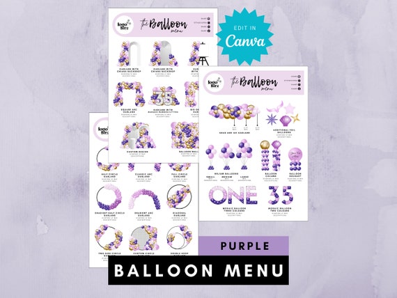 Purple Gold Balloon Menu Template: Editable Pricing Guide (Canva)