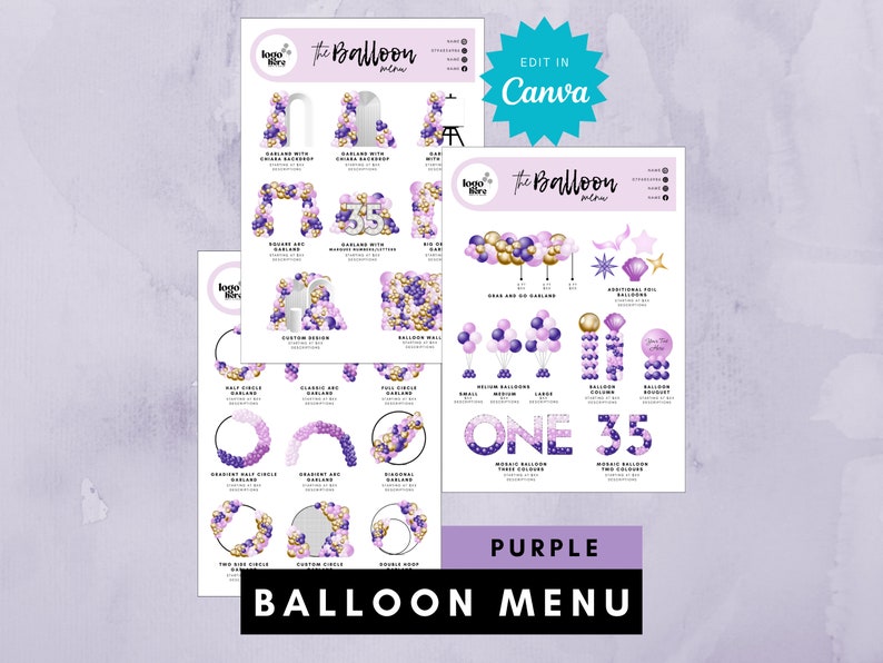 Peut inclure: Menu de ballons violet avec diff&eacute;rents arrangements et designs de ballons. Le menu comprend des options pour des arches, des guirlandes, des colonnes, des bouquets et plus encore. Le menu est modifiable dans Canva.