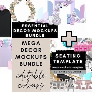 Event Mockups Mega Bundle Template, Dining table and chairs, balloon arch, backdrop design wedding decor, Event Planner, Balloon Artist