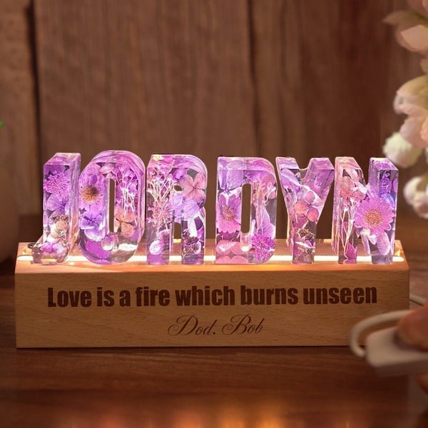 Custom Letters Dried Flower Night Light, Custom Name Night Lamp with Dried Flower Resin, Personalized Letter Lamp, Fairy Lights, Mom Gift
