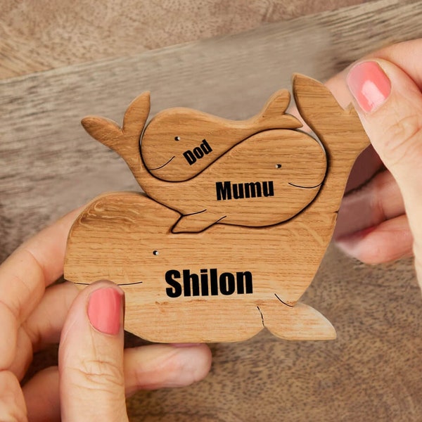 Wooden Personalized Whale Family Puzzle, Custom DIY Art Puzzle, Laser Engraved, Animal Family, Gift for Parents/Kids, Anniversary Gift