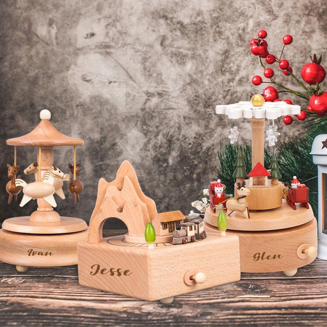 Personalized Engraved Wooden Music Box, Handmade Carousel Music Box, Custom Christmas Music Box