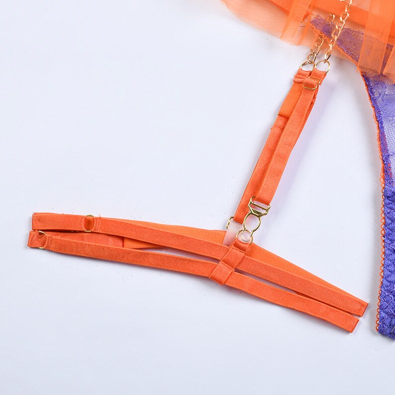 Exotic Lingerie Set With Chain Garter Belt Floral Lace Etsy