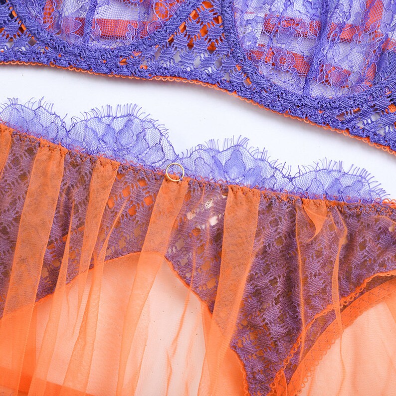 Exotic Lingerie Set With Chain Garter Belt Floral Lace Etsy