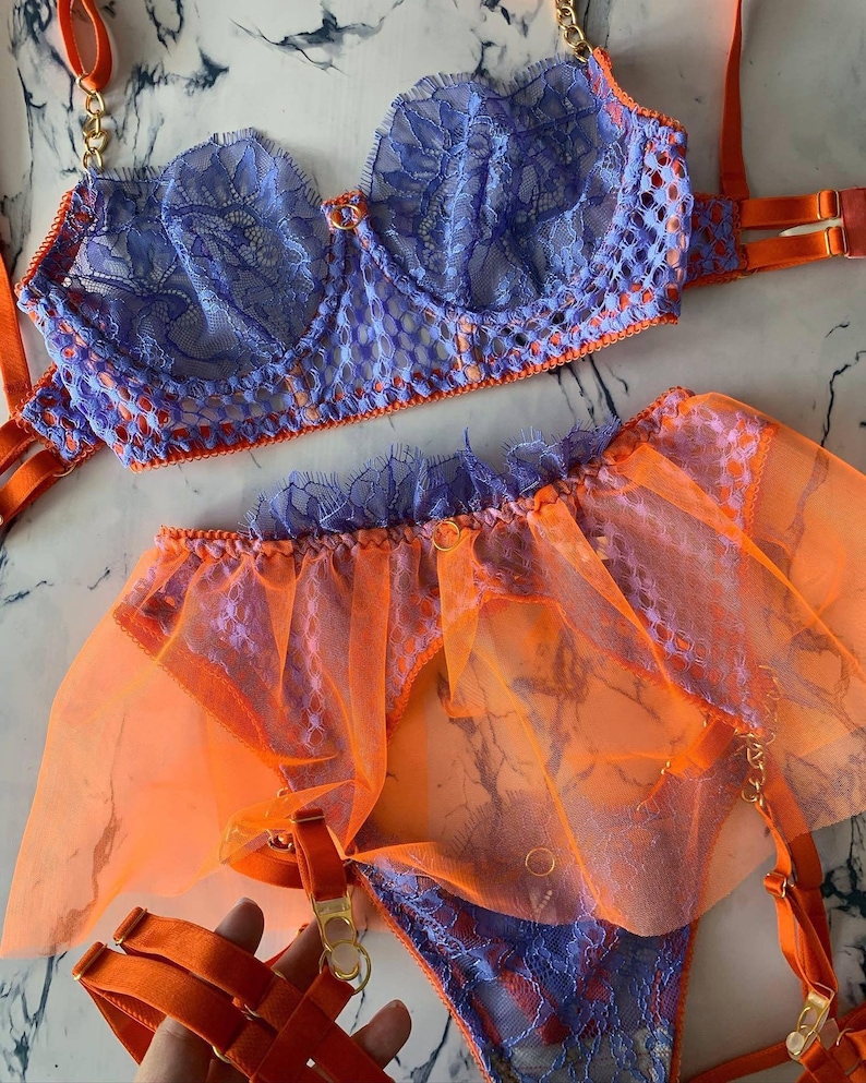 Exotic Lingerie Set With Chain Garter Belt Floral Lace Etsy