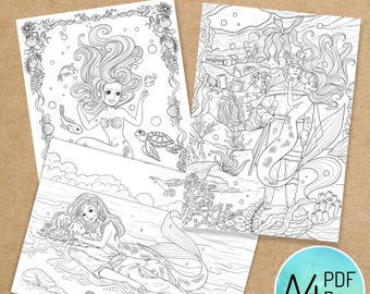 PRINTABLE COLORING SET "Little Mermaid" - digital instant download - Hand drawn - Line Art - Pdf Png - A4 size 3 pages art therapy