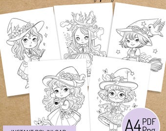 PRINTABLE COLORING SET "Cute Cozy Witches" - digital instant download - Hand drawn - Line Art - Pdf Png - A4 size 5 pages Simple Coloring