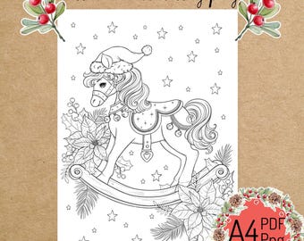 PRINTABLE COLORING PAGE "Christmas Rocking Horse" - digital instant download - Hand drawn - Line Art - Pdf Png - A4 size