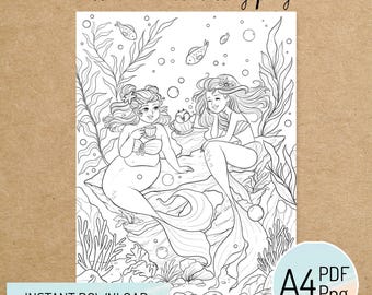 PRINTABLE COLORING PAGE "Tea Mermaids" - digital instant download - Hand drawn - Line Art - Pdf Png - A4 size