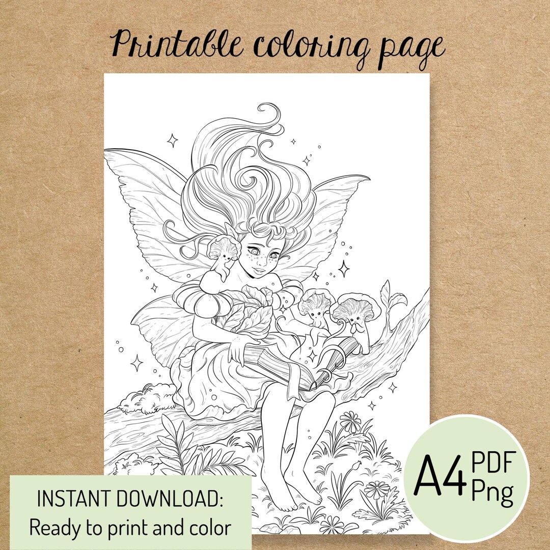 PRINTABLE COLORING PAGE "fairy Reading" - Digital Instant Download ...