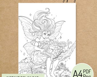 PRINTABLE COLORING PAGE "Fairy Reading" - digital instant download - Hand drawn - Line Art - Pdf Png - A4 size