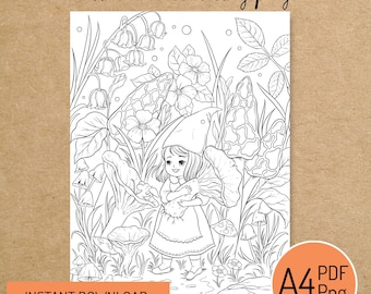 PRINTABLE COLORING PAGE "Mushroom Friends" - digital instant download - Hand drawn - Line Art - Pdf Png - A4 size
