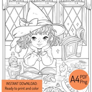 May include: Black and white illustration of a young witch with a pointed hat, resting her chin on her hands, with a book and potion bottles. The image includes the text "INSTANT DOWNLOAD: Ready to print and color" and "A4 PDF Png".