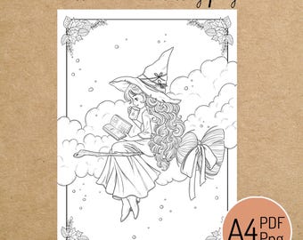 PRINTABLE COLORING PAGE "Witch Reading" - digital instant download - Hand drawn - Line Art - Pdf Png - A4 size