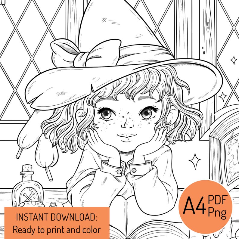 May include: Black and white line art illustration of a young witch with a large hat, resting her chin on her hands. The image includes a potion bottle, a book, and the text "INSTANT DOWNLOAD: Ready to print and color."