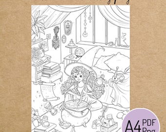 PRINTABLE COLORING PAGE "Witch Potion" - digital instant download - Hand drawn - Line Art - Pdf Png - A4 size