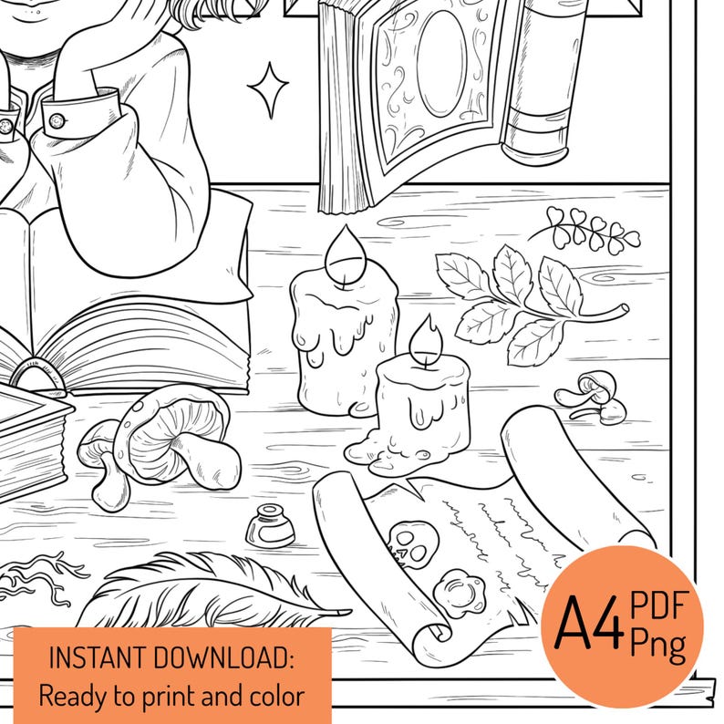 May include: Black and white line art illustration of fantasy elements, including candles, scrolls, books, and a mushroom. The image includes the text "INSTANT DOWNLOAD: Ready to print and color" and a PDF icon.