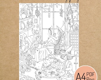 PRINTABLE COLORING PAGE "Cozy Witches" - digital instant download - Hand drawn - Line Art - Pdf Png - A4 size