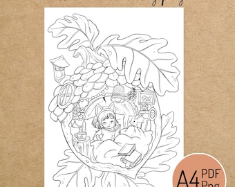 PRINTABLE COLORING PAGE "Cozy Acorn" - digital instant download - Hand drawn - Line Art - Pdf Png - A4 size