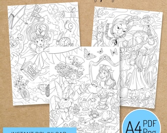 PRINTABLE COLORING SET "Alice in Wonderland" - digital instant download - Hand drawn - Line Art - Pdf Png - A4 size 3 pages art therapy