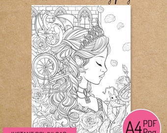 PRINTABLE COLORING PAGE "Sleeping Beauty" - digital instant download - Hand drawn - Line Art - Pdf Png - A4 size - Fairy Tales