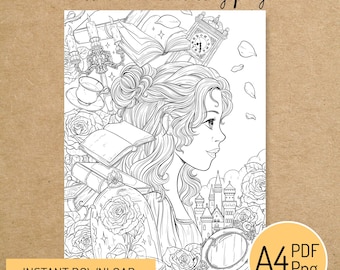 PRINTABLE COLORING PAGE "Beauty and the Beast" - digital instant download - Hand drawn - Line Art - Pdf Png - A4 size - Fairy Tales