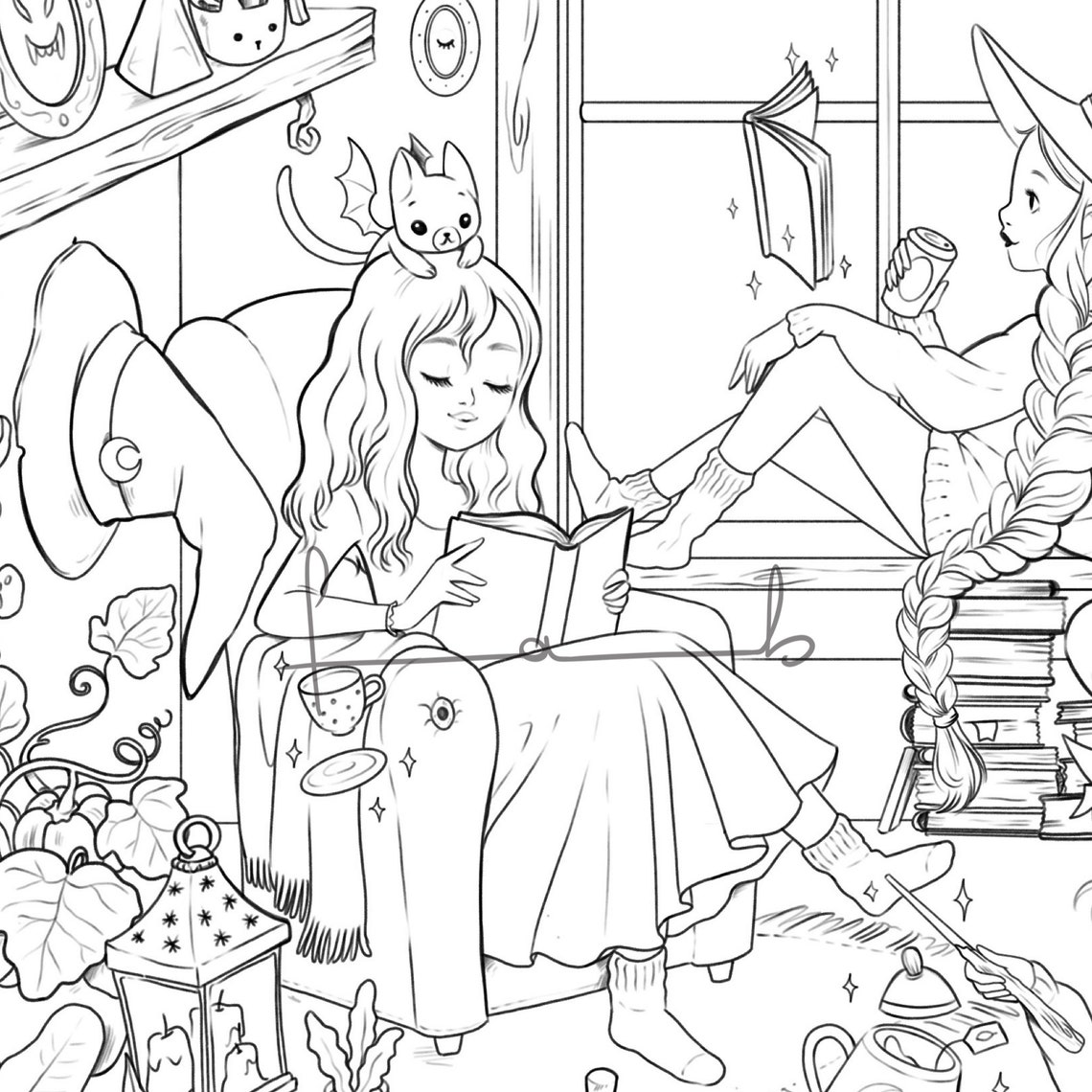 Cozy Witches PRINTABLE COLORING PAGE - Etsy
