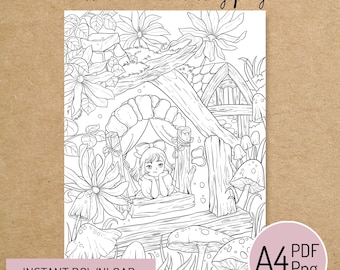 PRINTABLE COLORING PAGE "Cozy Girl" - digital instant download - Hand drawn - Line Art - Pdf Png - A4 size