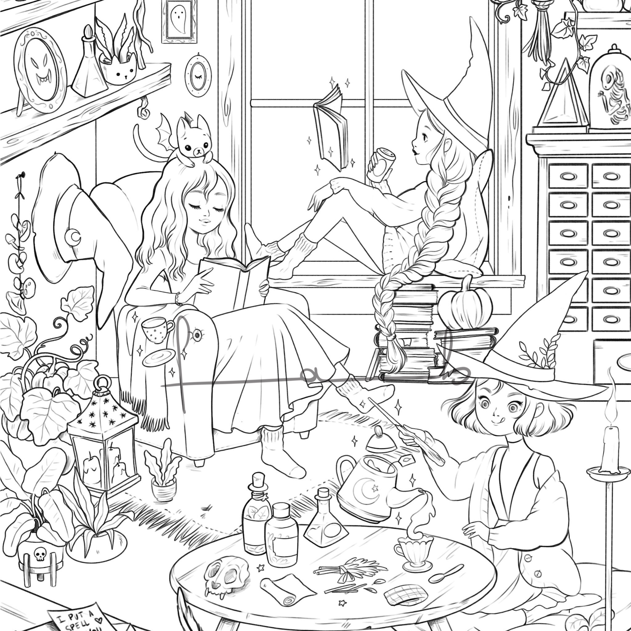 Cozy Witches PRINTABLE COLORING PAGE - Etsy