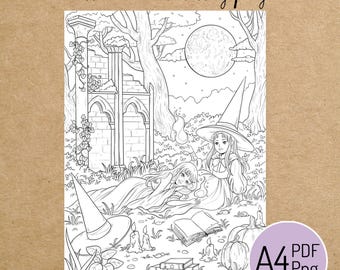 PRINTABLE COLORING PAGE "Witch Sisters" - digital instant download - Hand drawn - Line Art - Pdf Png - A4 size
