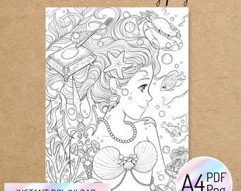 PRINTABLE COLORING PAGE "Little Mermaid" - digital instant download - Hand drawn - Line Art - Pdf Png - A4 size - Fairy Tales