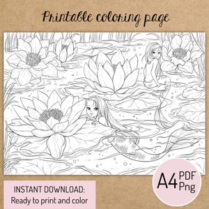 May include: A black and white coloring page featuring two mermaids swimming in a pond with lily pads. The mermaids have long flowing hair and are surrounded by water lilies. The text "Printable coloring page" is at the top of the page.