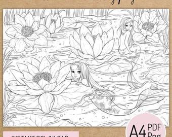 PRINTABLE COLORING PAGE "Pond Mermaids" - digital instant download - Hand drawn - Line Art - Pdf Png - A4 size