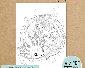 PRINTABLE COLORING PAGE "Axolot Mermaid" - digital instant download - Hand drawn - Line Art - Pdf Png - A4 size