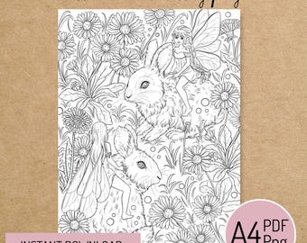 PRINTABLE COLORING PAGE "Spring Fairy" - digital instant download - Hand drawn - Line Art - Pdf Png - A4 size