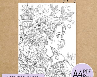 PRINTABLE COLORING PAGE "Rapunzel" - digital instant download - Hand drawn - Line Art - Pdf Png - A4 size - Fairy Tales