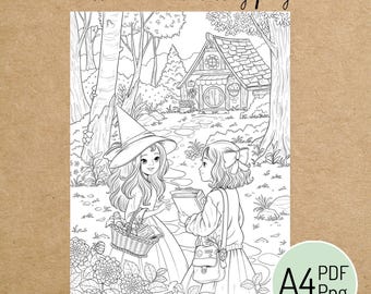 PRINTABLE COLORING PAGE "Witch at the Forest" - digital instant download - Hand drawn - Line Art - Pdf Png - A4 size