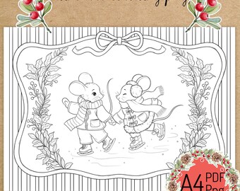 PRINTABLE COLORING PAGE "Christmas Mice Skating" - digital instant download - Hand drawn - Line Art - Pdf Png - A4 size