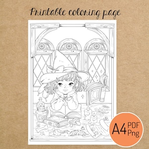 May include: Black and white printable coloring page featuring a young witch with a pointed hat, resting her chin on her hands. The image includes a table with books, candles, and potion bottles. The text "Printable coloring page" is at the top.