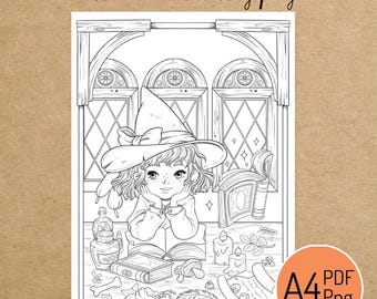 PRINTABLE COLORING PAGE "Little Witch Student" - digital instant download - Hand drawn - Line Art - Pdf Png - A4 size