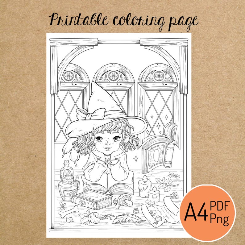 May include: Black and white printable coloring page featuring a young witch with a pointed hat, resting her chin on her hands. The image includes a table with books, candles, and potion bottles. The text "Printable coloring page" is at the top.