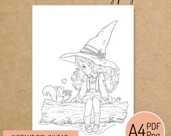 PRINTABLE COLORING PAGE "Cute Witch Friends" - digital instant download - Hand drawn - Line Art - Pdf Png - A4 size