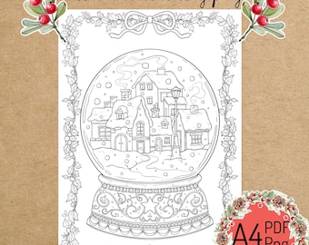 PRINTABLE COLORING PAGE "Christmas SnowGlobe" - digital instant download - Hand drawn - Line Art - Pdf Png - A4 size