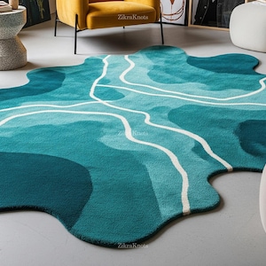 Dywan wełniany Ocean Mist, ręcznie tuftowany, o nieregularnym kształcie, w kolorze głębokiego turkusu, w niestandardowym rozmiarze, do salonu i sypialni
