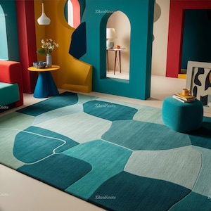 Majestic Tidal Blocks Rugs, Hand Tufted Rug in Green, Teal & Blue Wavy Patch Design, Modern Area Rugs, 5x8, 8x10, 9x12, Custom Size Rugs etc