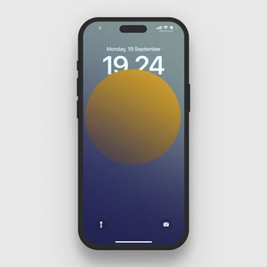 May include: A smartphone displaying a blue and yellow gradient background with a large yellow circle in the center. The date and time are displayed on the screen: Monday, 19 September 19:24.