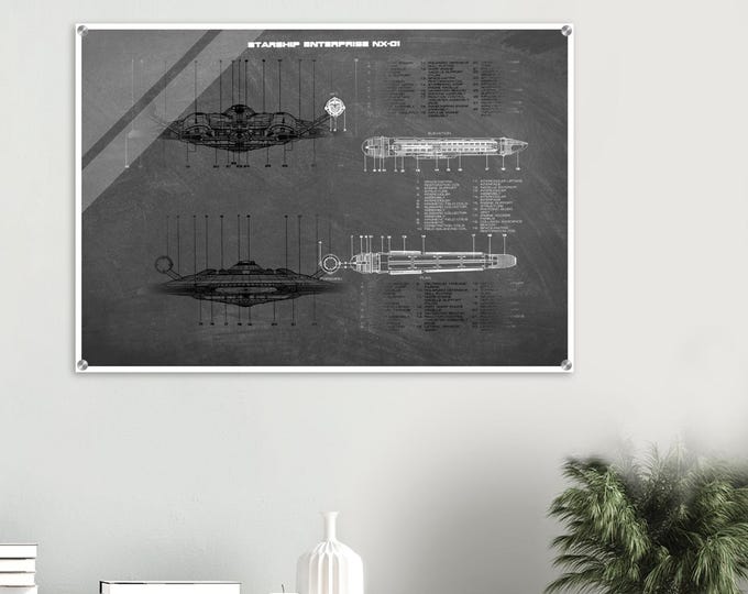 Star Trek NX01 Forward & Aft View Schematic Acrylic Print - Modern Sci-Fi Home Decor